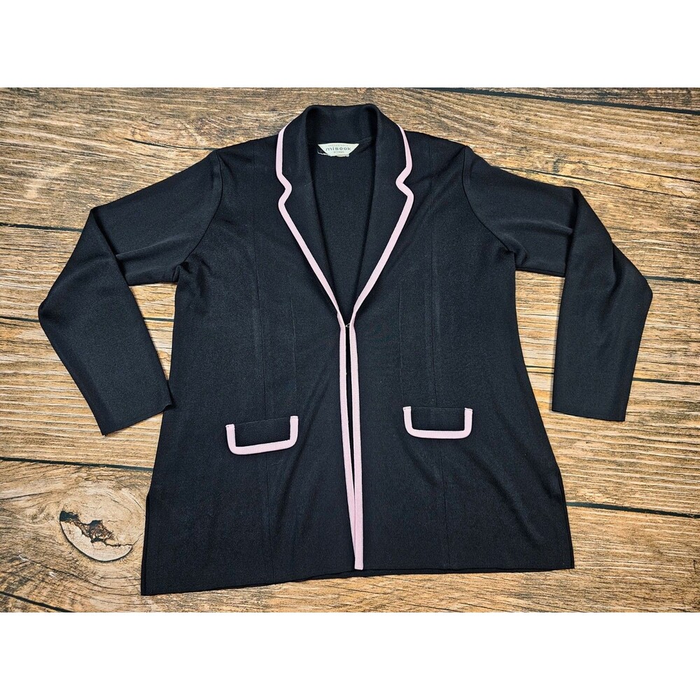 Exclusively Misook Womens Plus Sz 1X Black Jacket Acrylic Knit Pink Trim